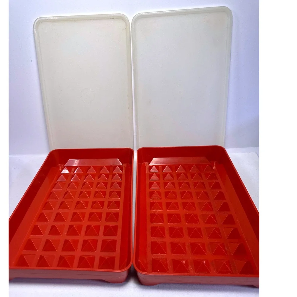 Lot of 2 Vintage Tupperware 1292 Bacon Deli Meat Keeper Paprika Red with Lids